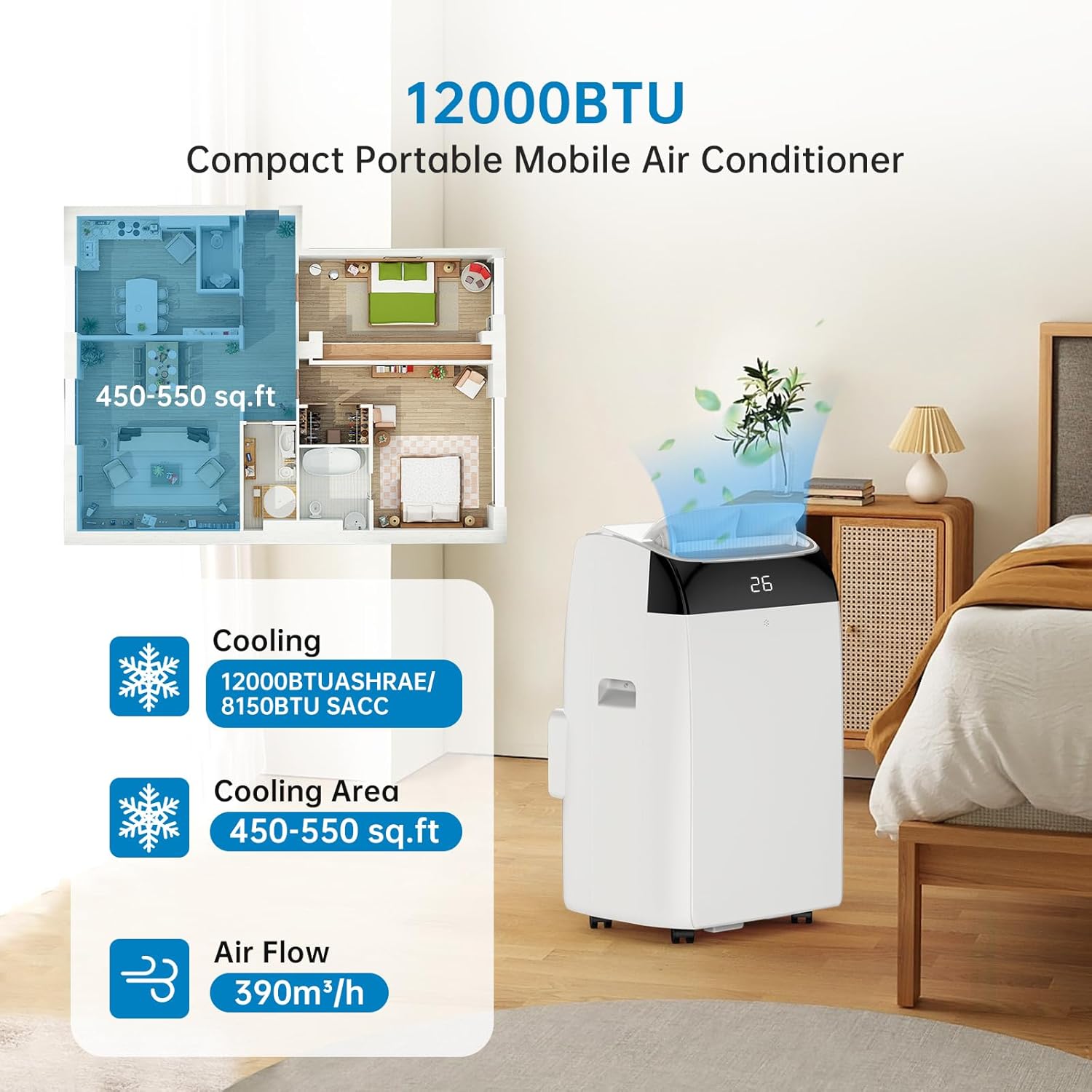 Climatiseur Mobile 4-en-1 (12000 BTU, Fonction Follow-Me, Silencieux)
