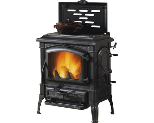 Poêle cheminée Nordica Extraflame Isetta avec plaque de cuisson en fonte noire 7,7 kW